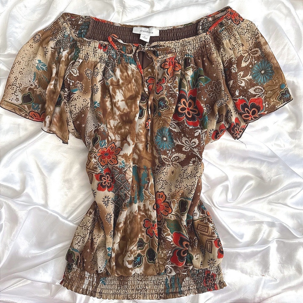 Dressbarn Floral Paisley Smocked Peasant Blouse Brown Boho Top Large